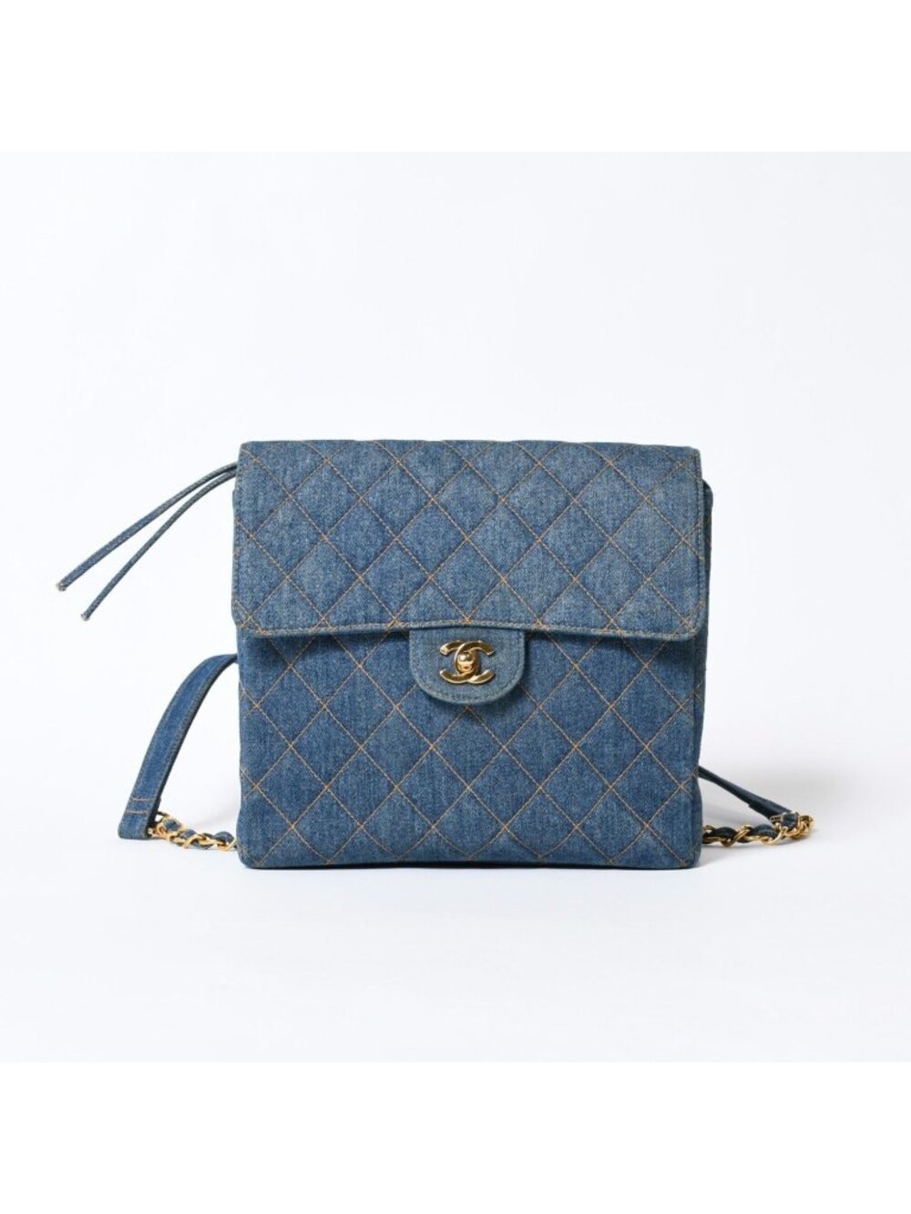 Chanel Quilted Denim Backpack CC Logo Stitch Blue Gold